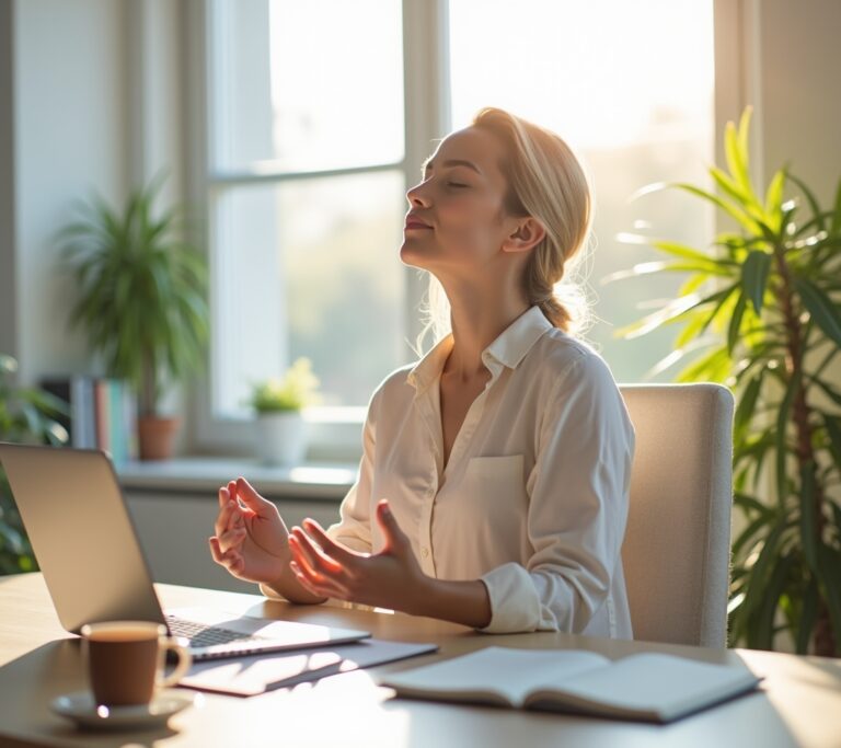 Professional at a desk pausing to breathe mindfully