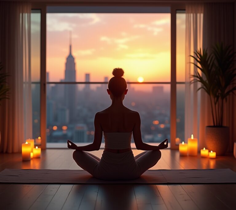 Dimly lit bedroom with candles and a breathing timer