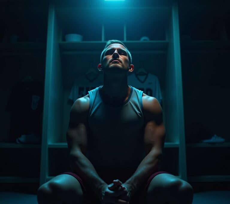 Athlete in a locker room doing breathing exercises