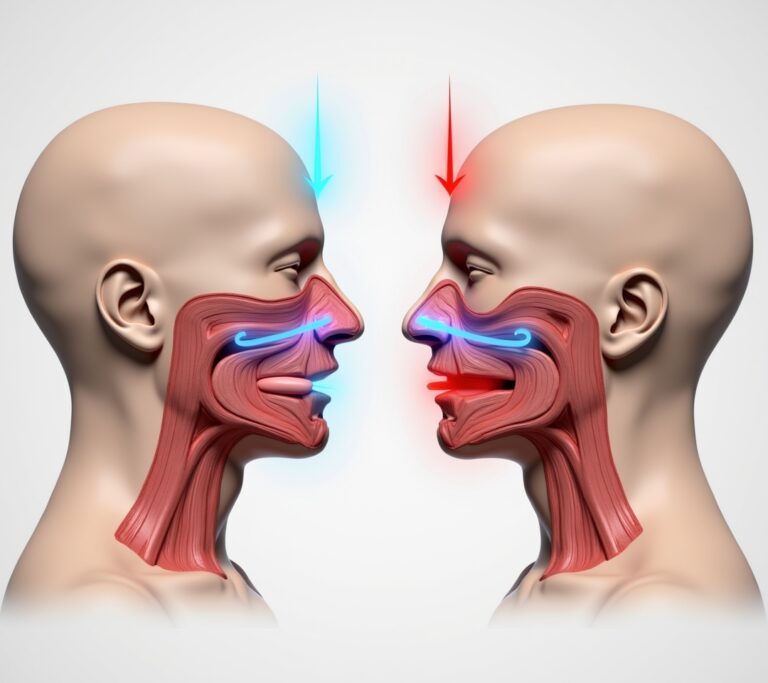 Close-up of person breathing through the nose outdoors