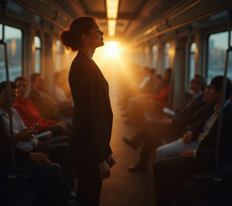 Person doing breathing exercises on a train