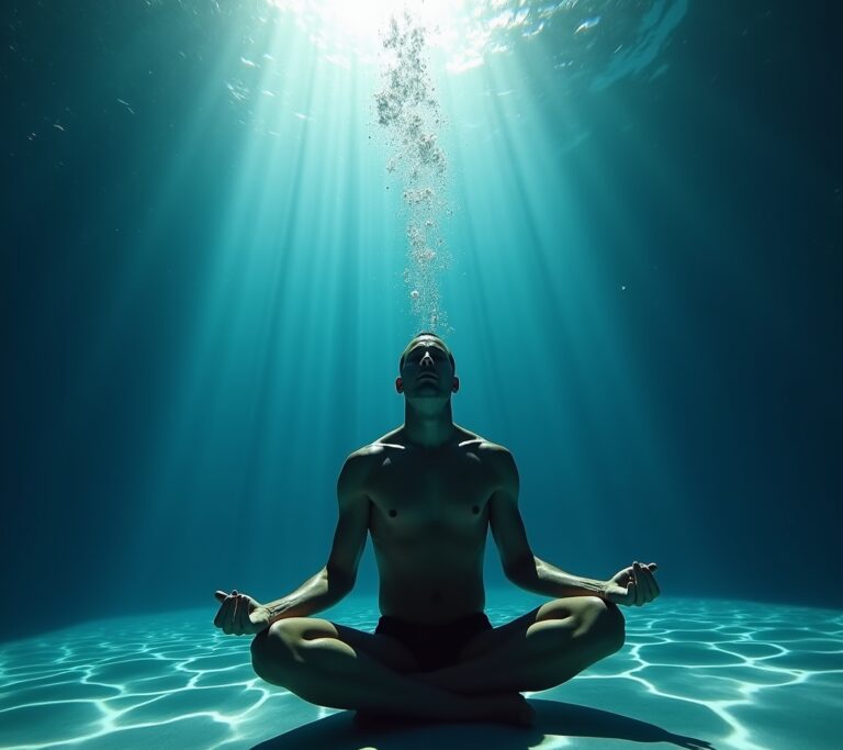 Athlete holding breath underwater in a pool