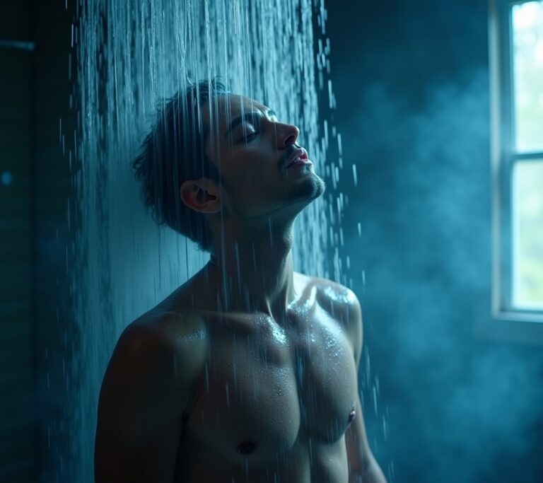 Person stepping into a cold shower while breathing