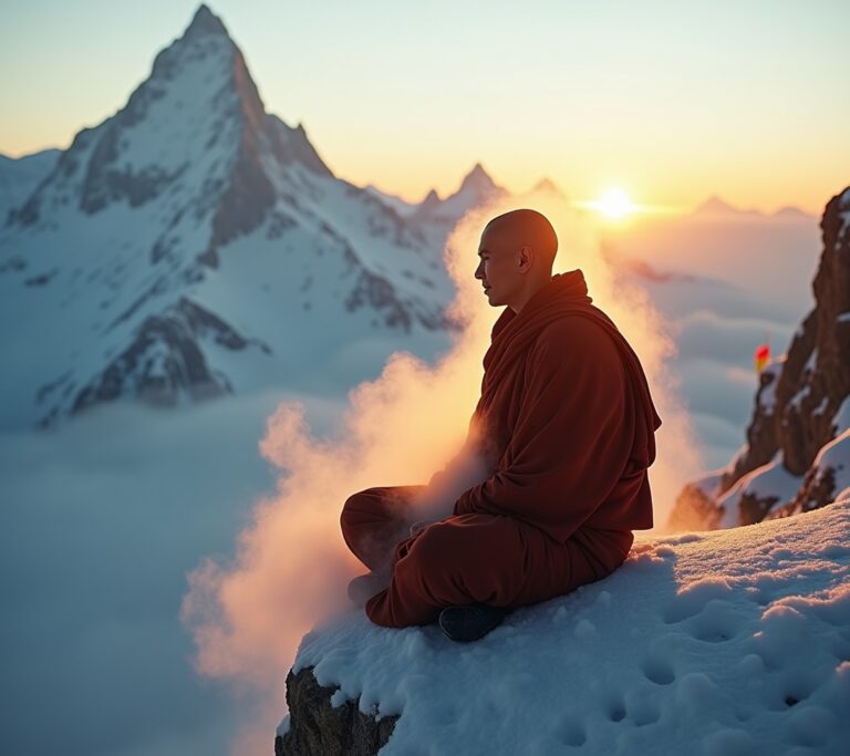 Monk in the mountains doing Tummo meditation