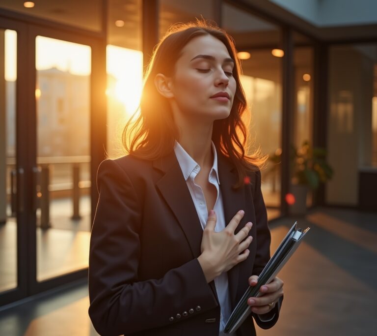 Person in professional attire breathing outside an office