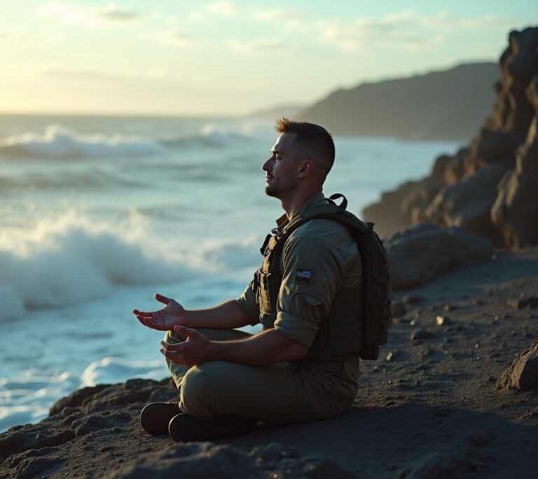 Military operator doing tactical breathing in the field