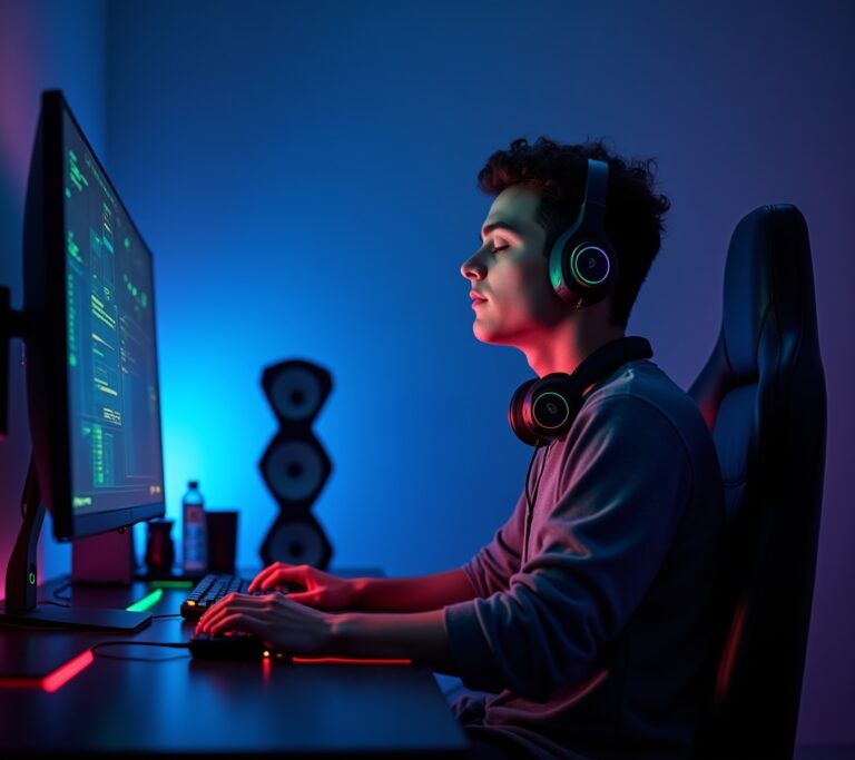 Gamer at a setup doing a breathing break