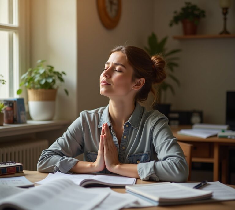 Student at a desk breathing before opening an exam