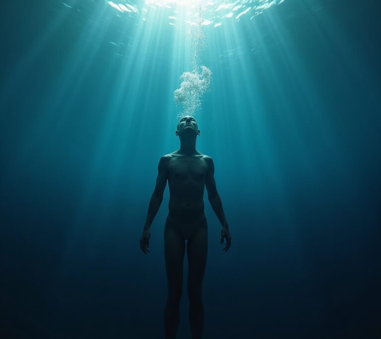 Person underwater holding breath with a timer overlay