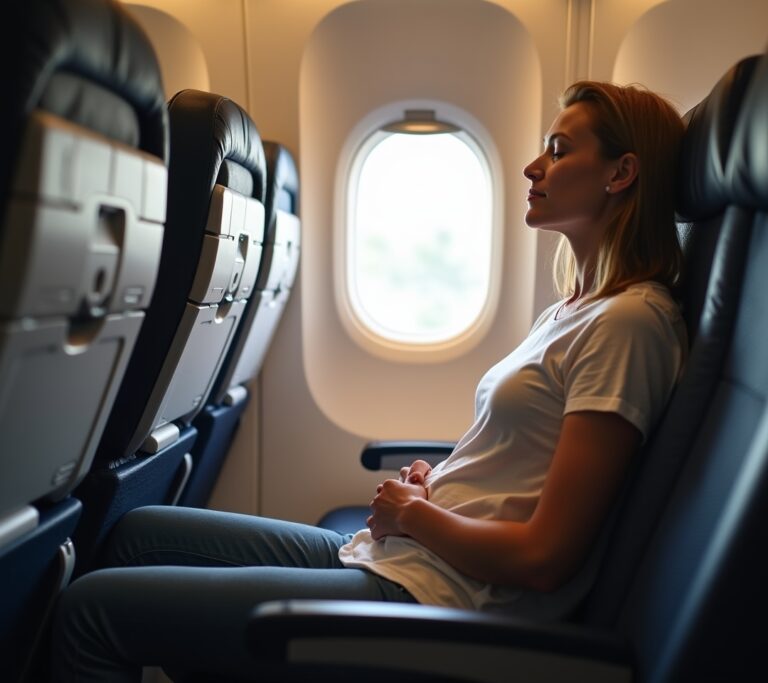 Person doing breathing exercises in an airplane seat