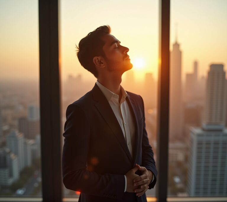 Founder at a laptop pausing to breathe