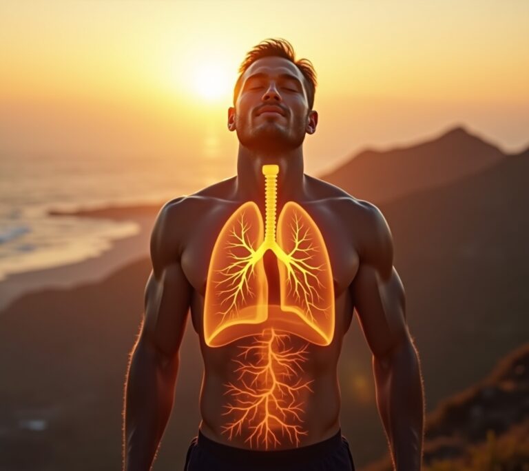 Athletic man doing intense breathwork in a gym