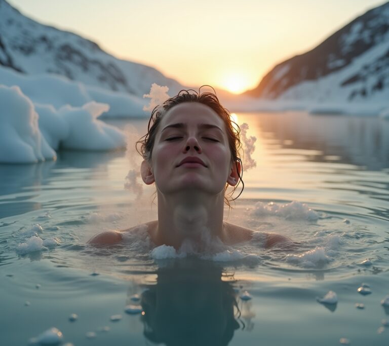 Person entering an ice bath with controlled breathing