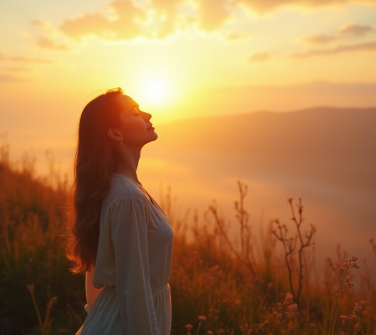 Person standing outside in morning sun doing breathwork