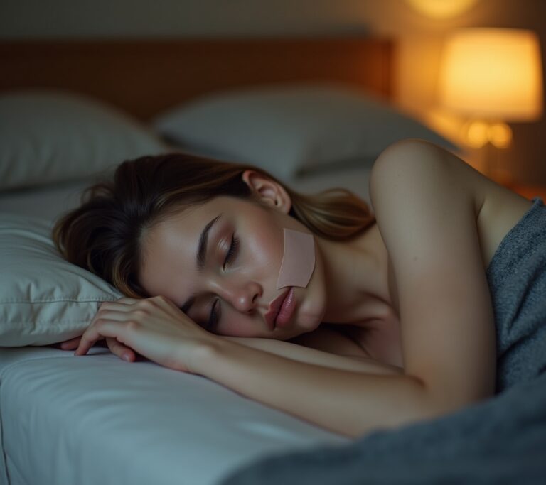 Person applying mouth tape before bed