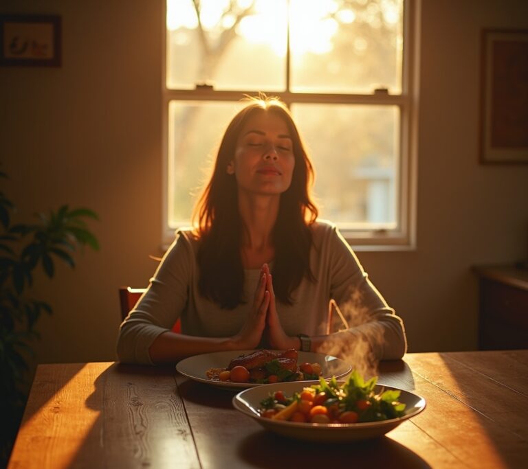Person taking three breaths before picking up a fork