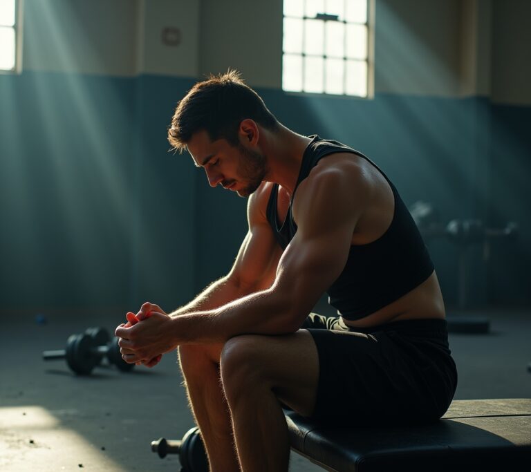 Lifter resting between sets doing recovery breathing