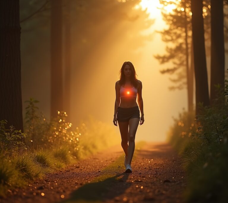 Person walking on a trail syncing breath to steps