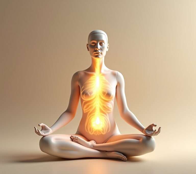 Person demonstrating belly chest and collarbone breathing