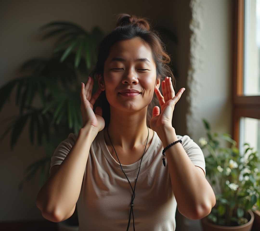 Person sitting upright humming with eyes closed