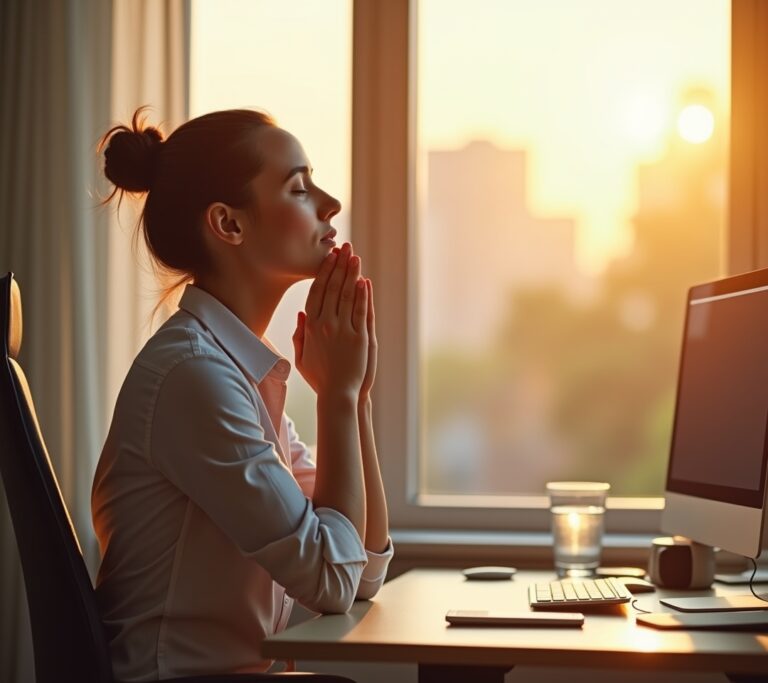 Worker at a desk stretching and taking a deep breath