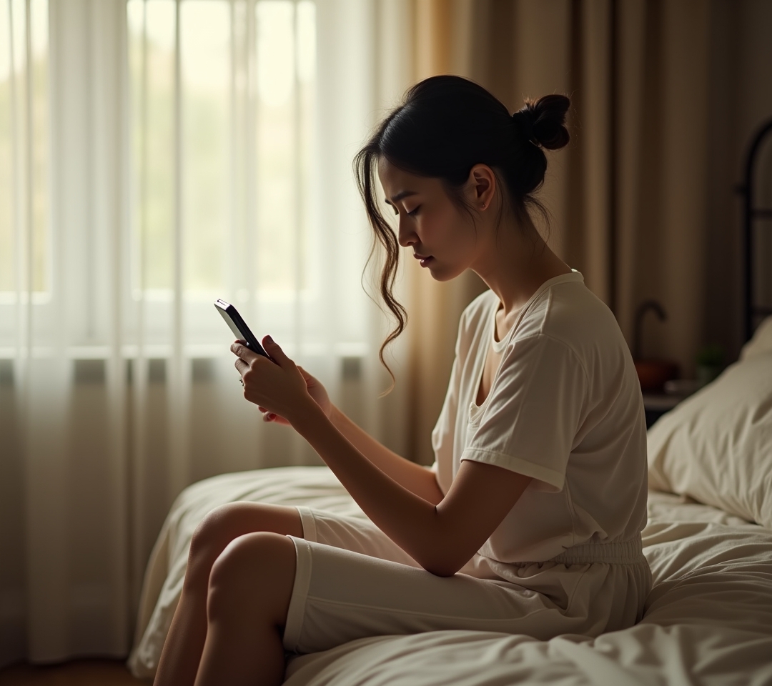 Phone face down on a nightstand at sunrise