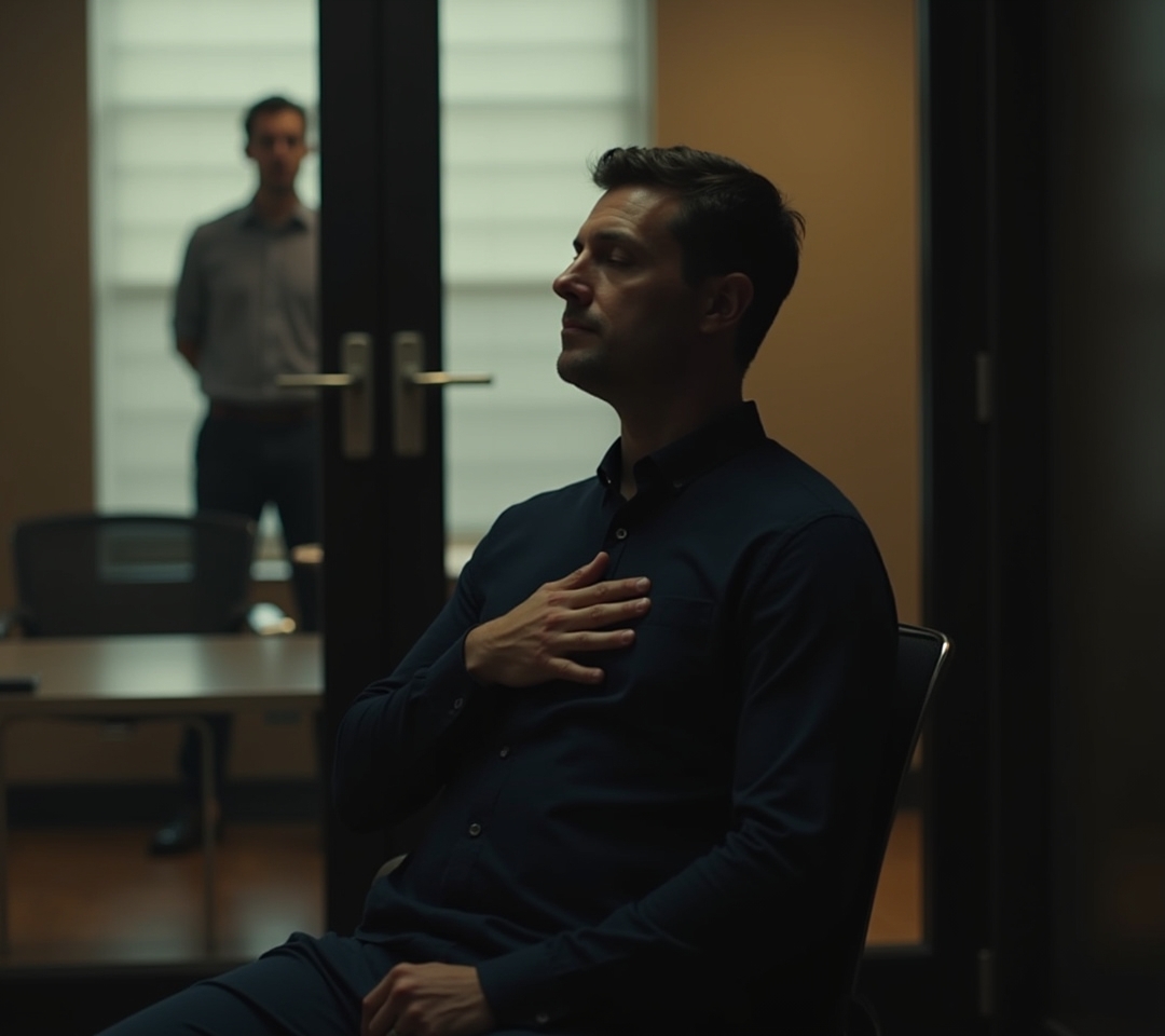Person sitting alone taking a slow breath before a meeting