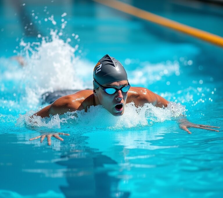 Swimmer turning to breathe mid-stroke in a pool
